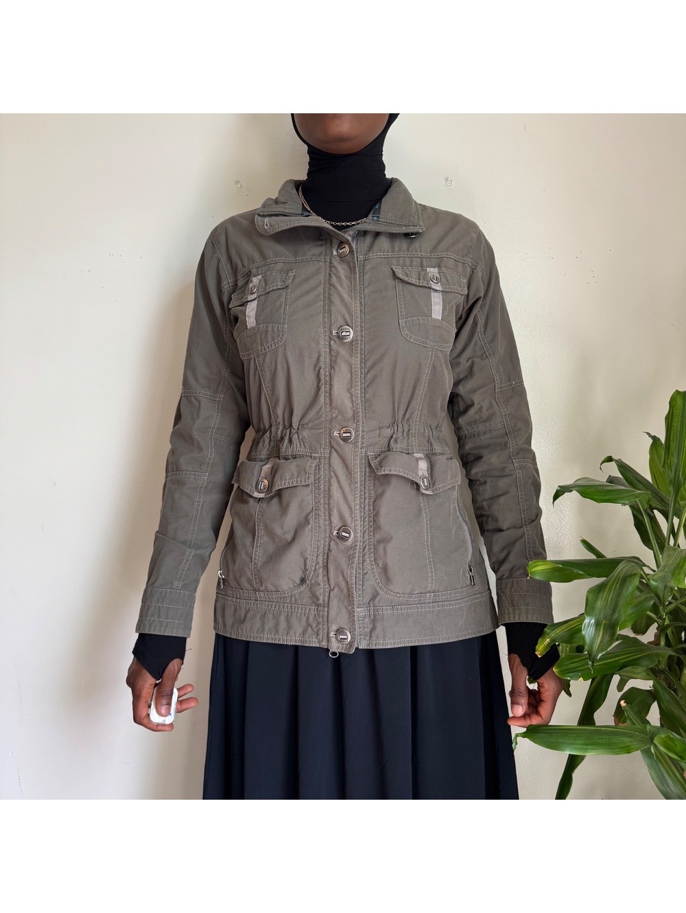 KUHL Women’s Olive Green Rekon Utility Jacket Stowable Hood Cinch Waist Small